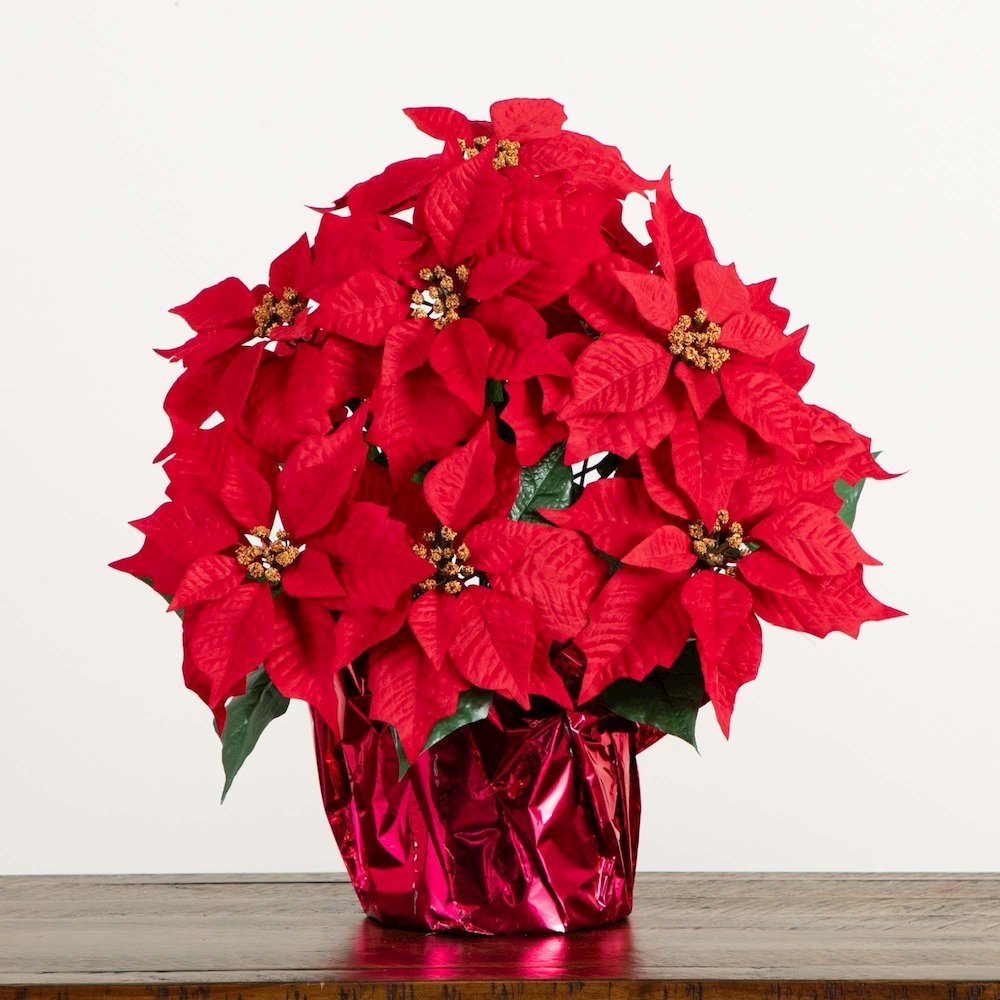 19in. Artificial Lush Poinsettia Arrangement in Red Wrapped Planter. Picture 3