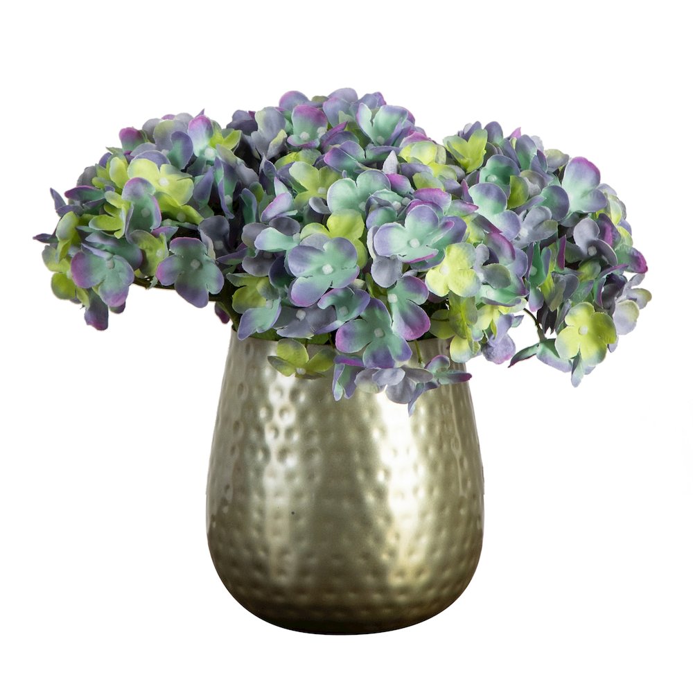 11in. Artificial Hydrangea Arrangement in Gold Metal Vase. Picture 3