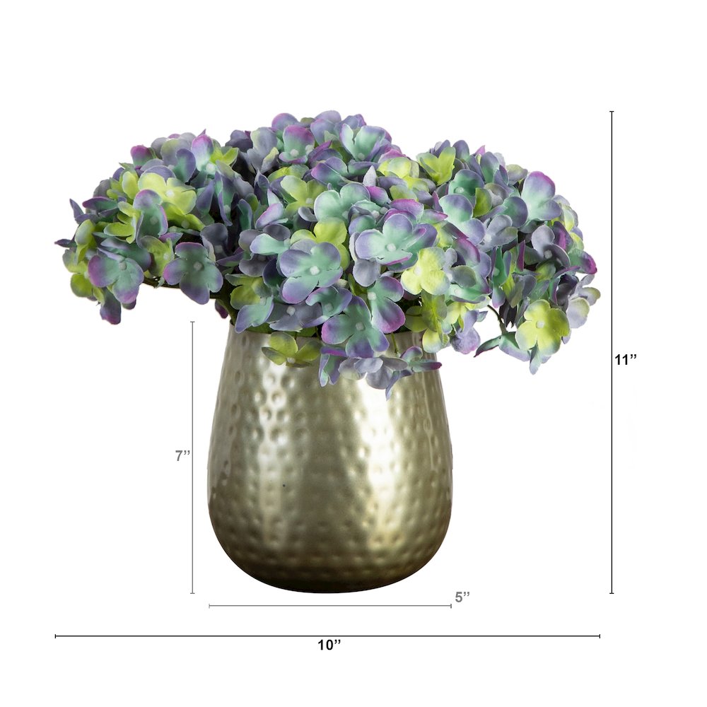 11in. Artificial Hydrangea Arrangement in Gold Metal Vase. Picture 1