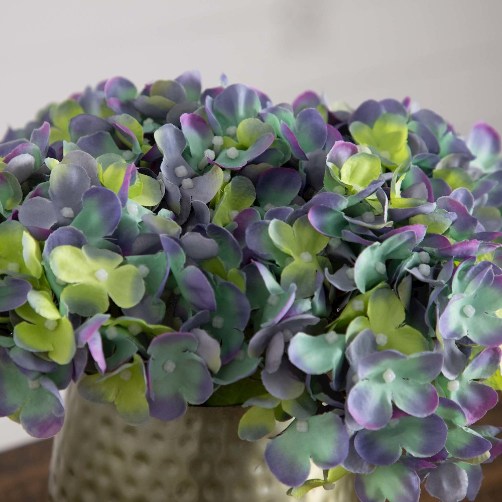 11in. Artificial Hydrangea Arrangement in Gold Metal Vase. Picture 4