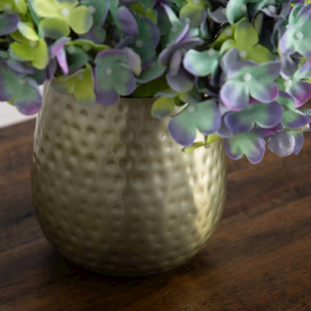 11in. Artificial Hydrangea Arrangement in Gold Metal Vase. Picture 5