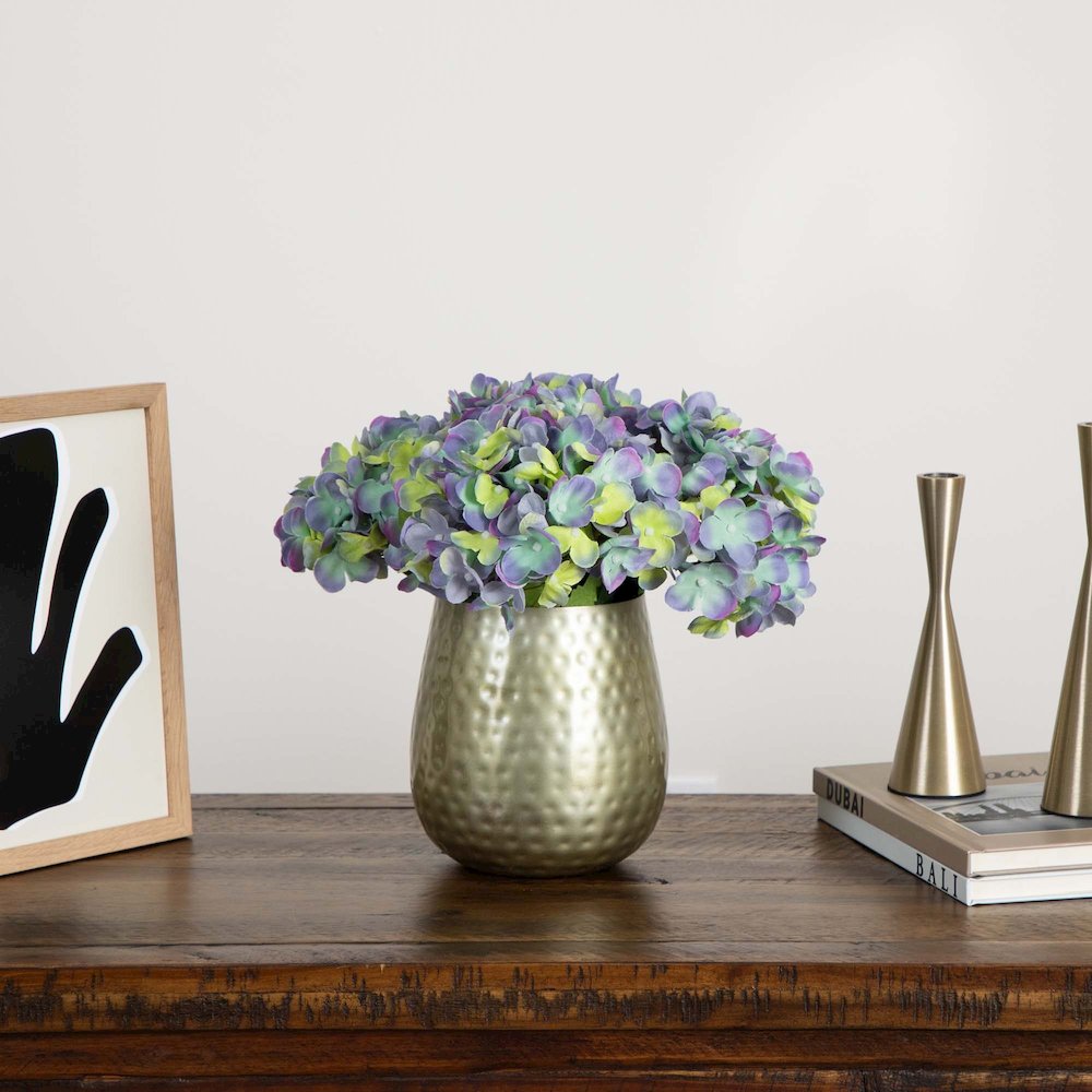 11in. Artificial Hydrangea Arrangement in Gold Metal Vase. Picture 2