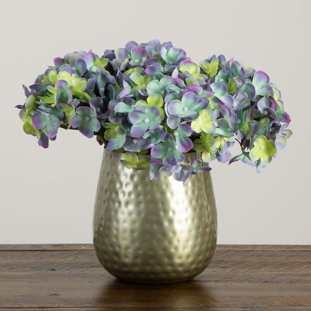 11in. Artificial Hydrangea Arrangement in Gold Metal Vase. Picture 6