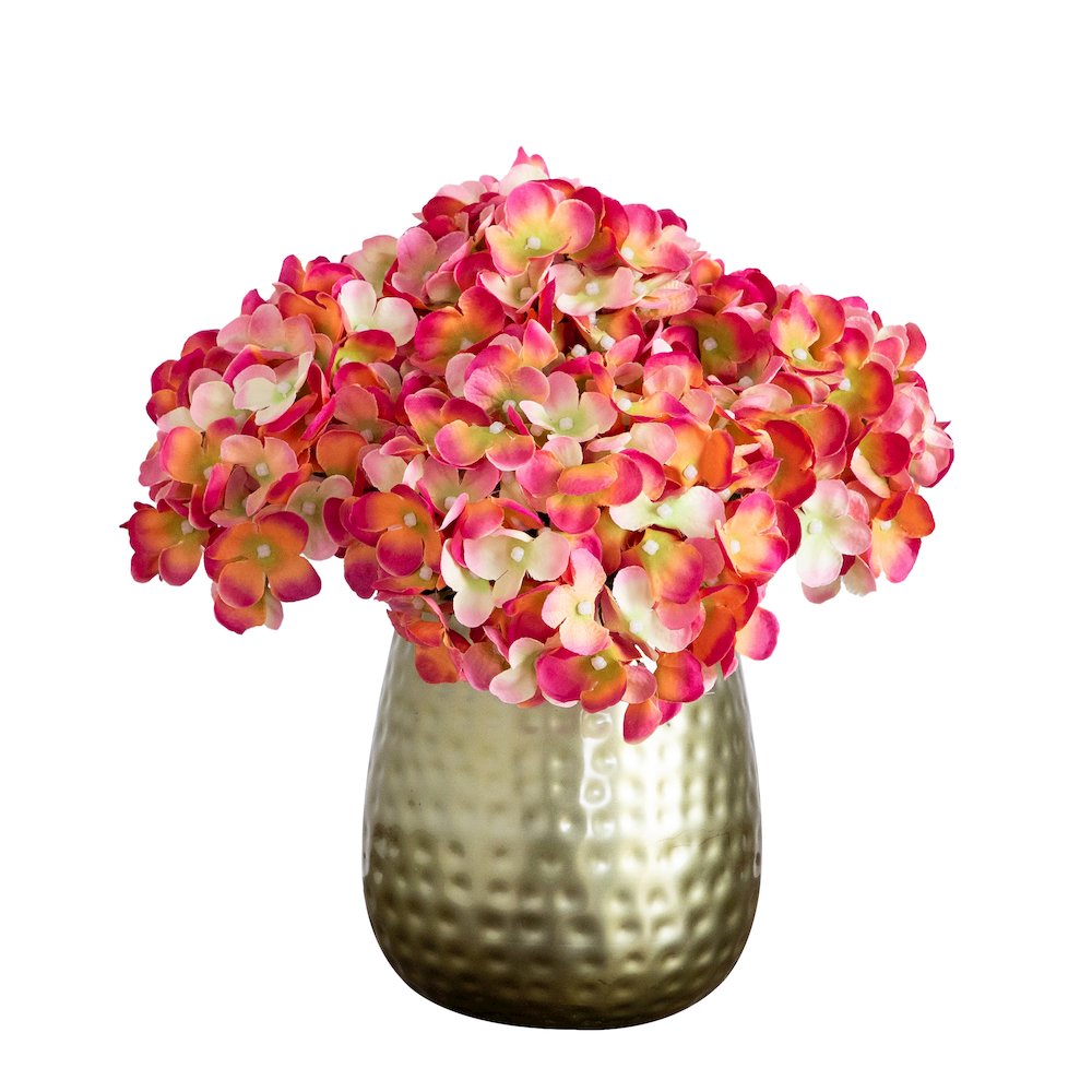 11in. Artificial Hydrangea Arrangement in Gold Metal Vase. Picture 1