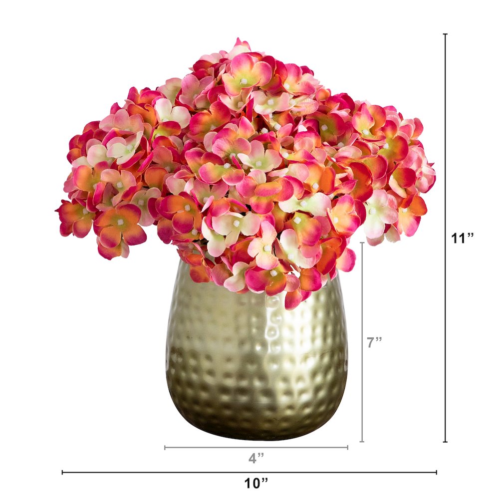 11in. Artificial Hydrangea Arrangement in Gold Metal Vase. Picture 3
