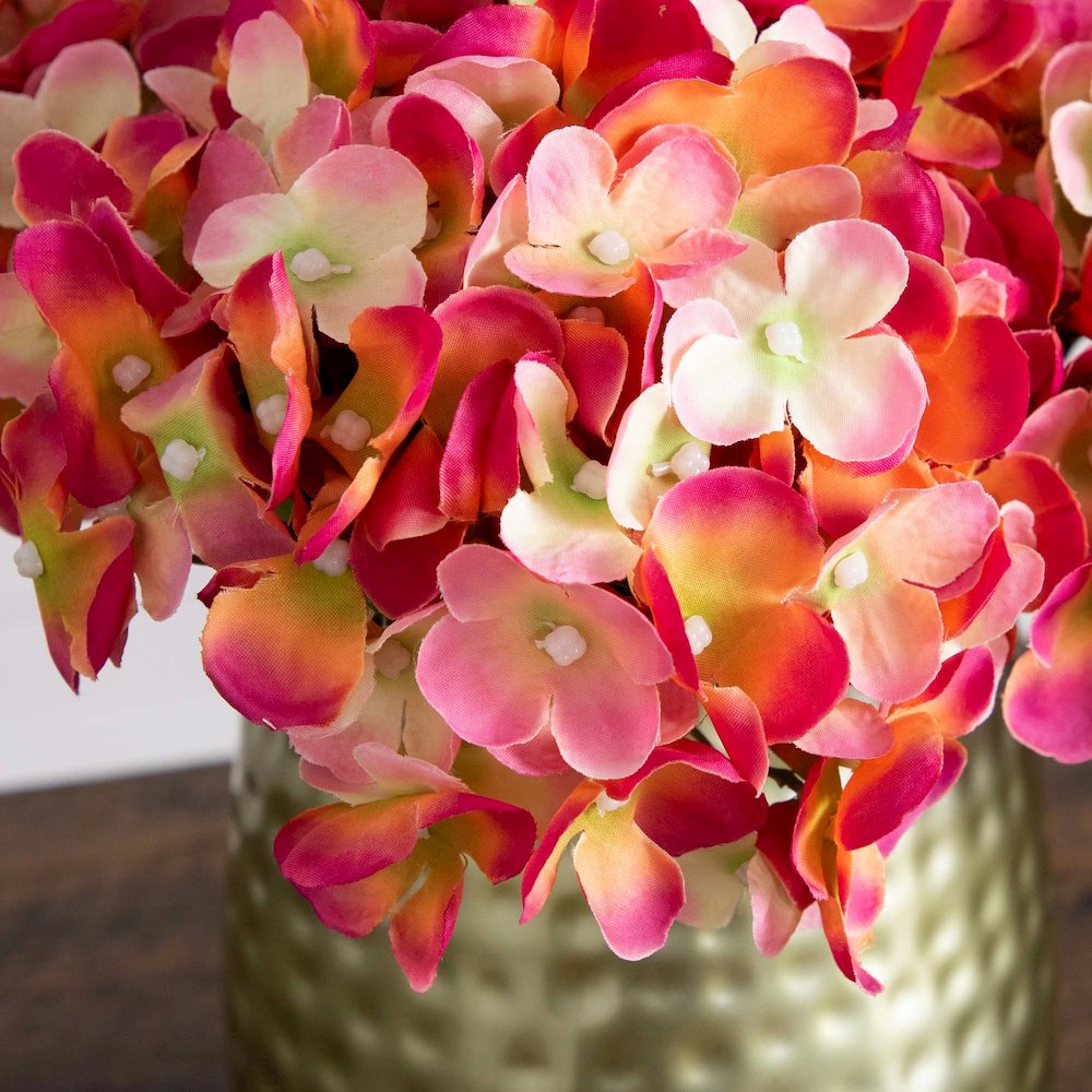 11in. Artificial Hydrangea Arrangement in Gold Metal Vase. Picture 4