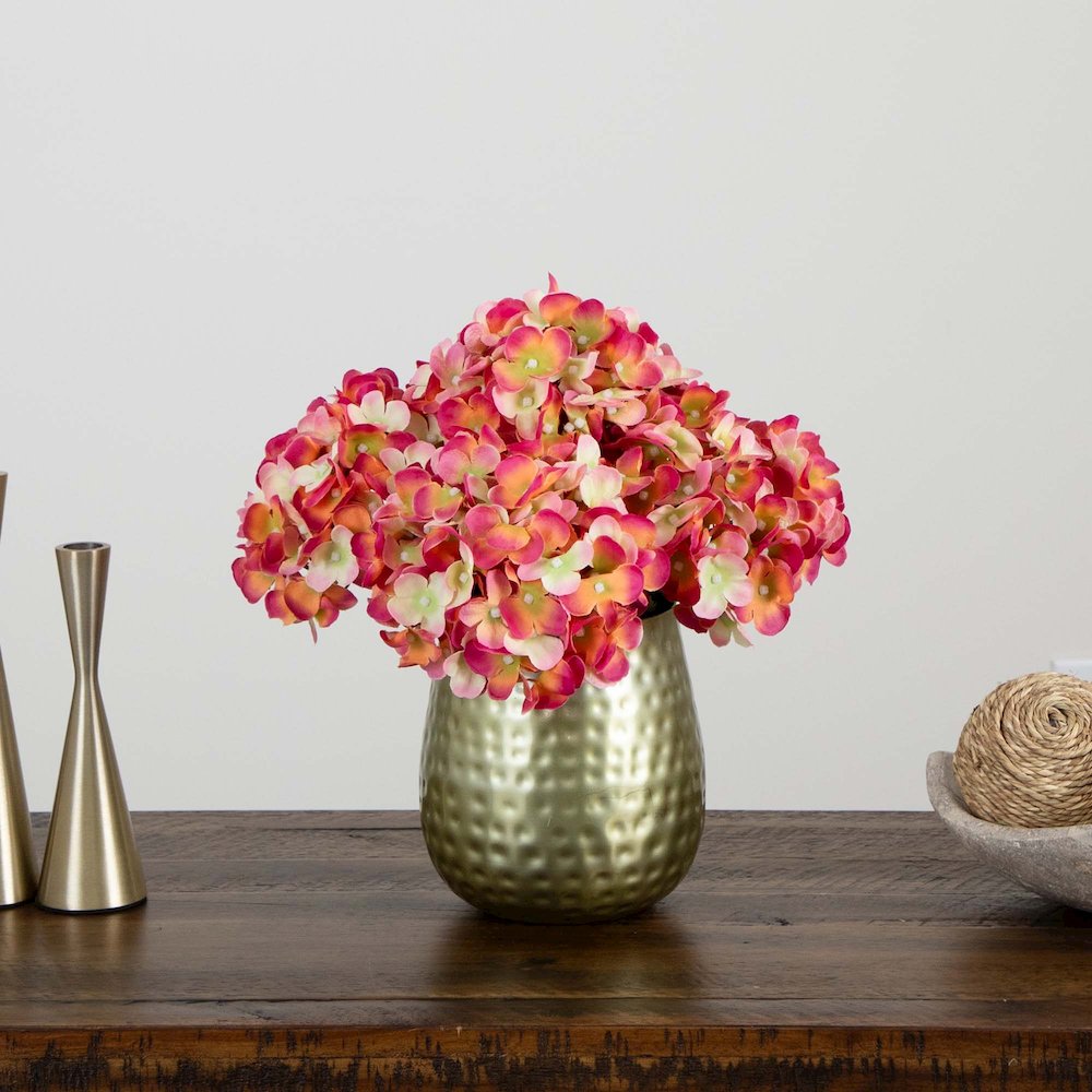 11in. Artificial Hydrangea Arrangement in Gold Metal Vase. Picture 5