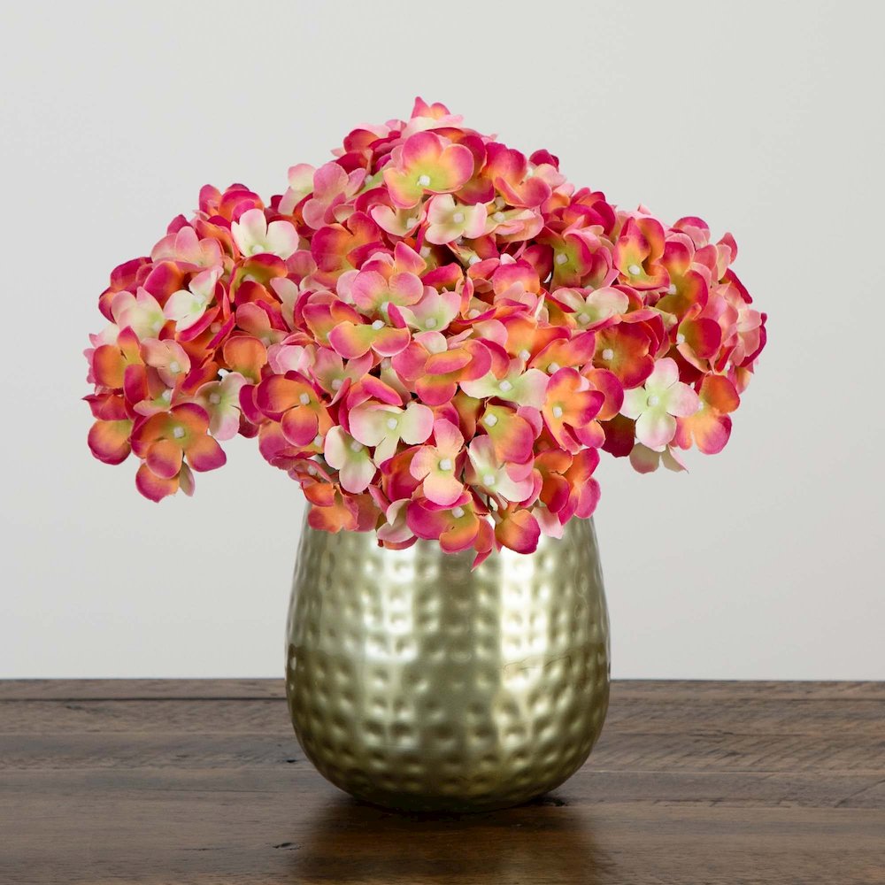 11in. Artificial Hydrangea Arrangement in Gold Metal Vase. Picture 2