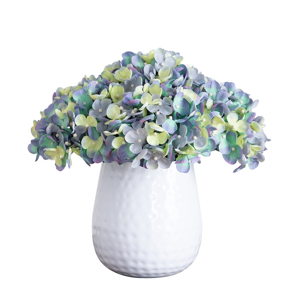 11in. Artificial Hydrangea Arrangement in White Metal Vase. Picture 5