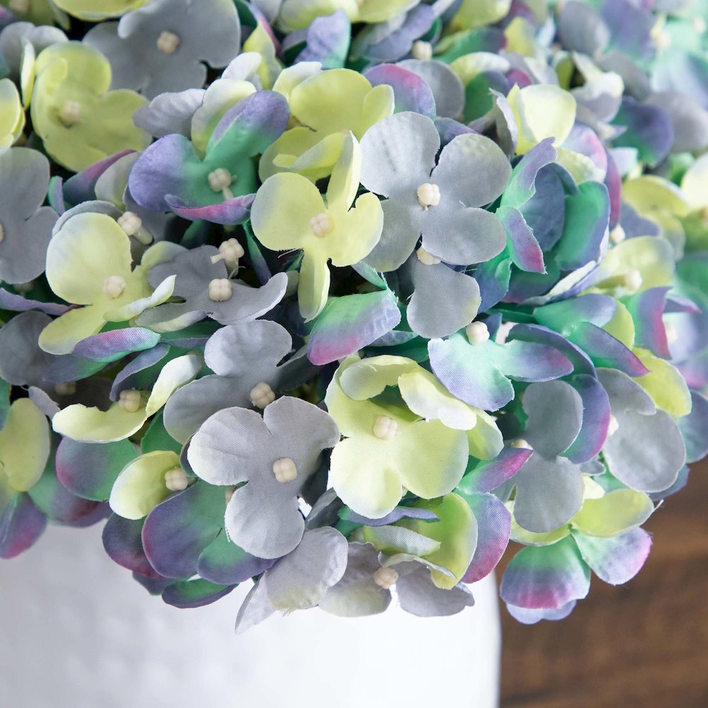 11in. Artificial Hydrangea Arrangement in White Metal Vase. Picture 2