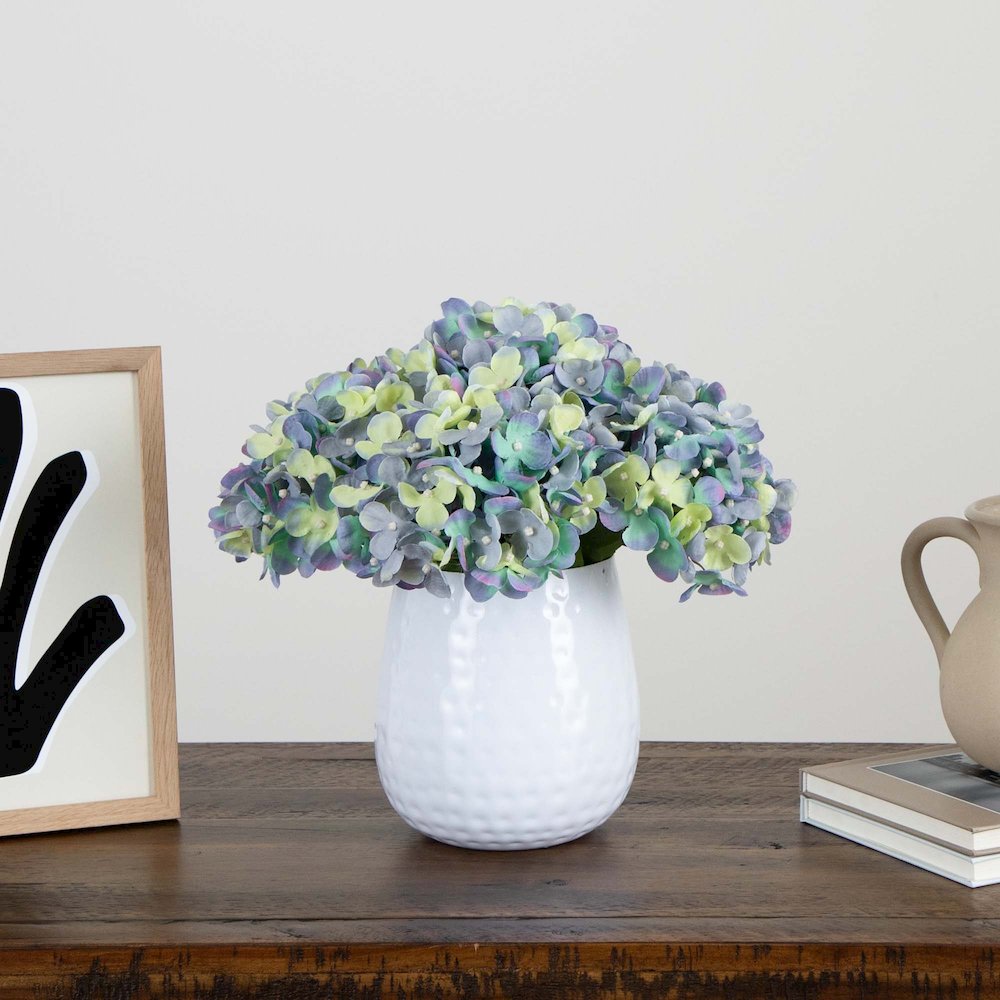 11in. Artificial Hydrangea Arrangement in White Metal Vase. Picture 4