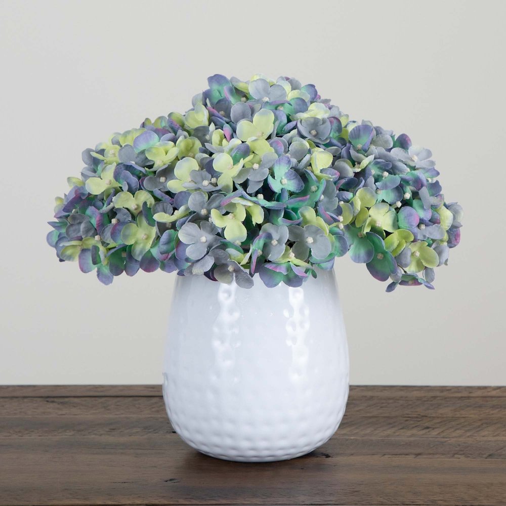 11in. Artificial Hydrangea Arrangement in White Metal Vase. Picture 3