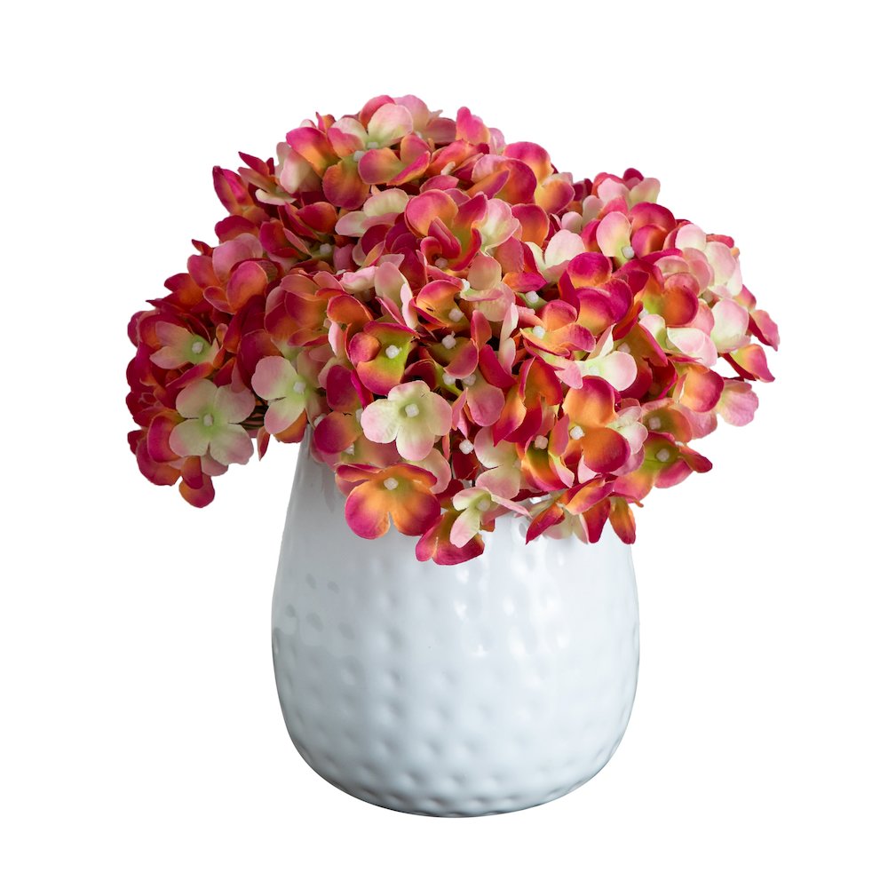11in. Artificial Hydrangea Arrangement in White Metal Vase. Picture 5
