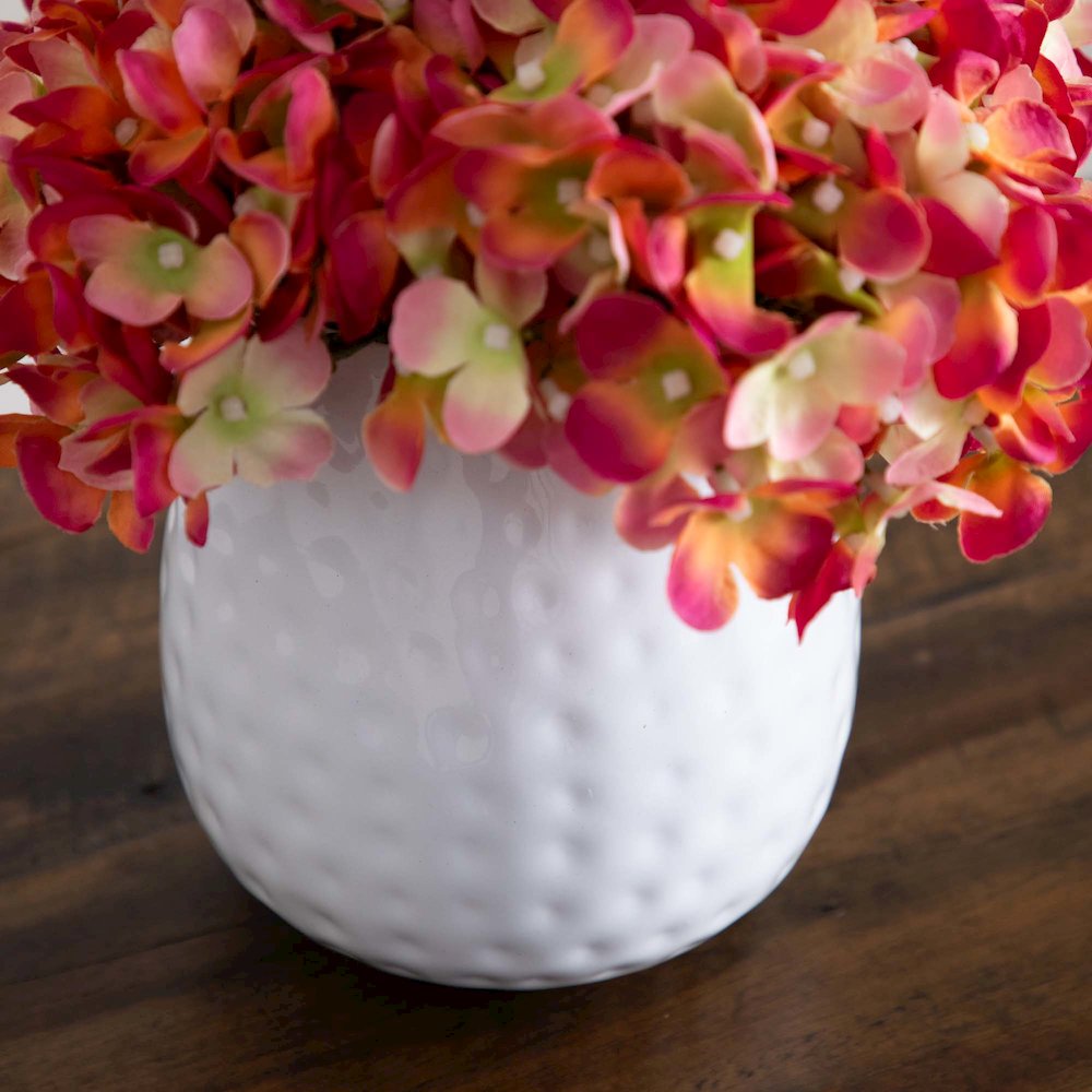 11in. Artificial Hydrangea Arrangement in White Metal Vase. Picture 3