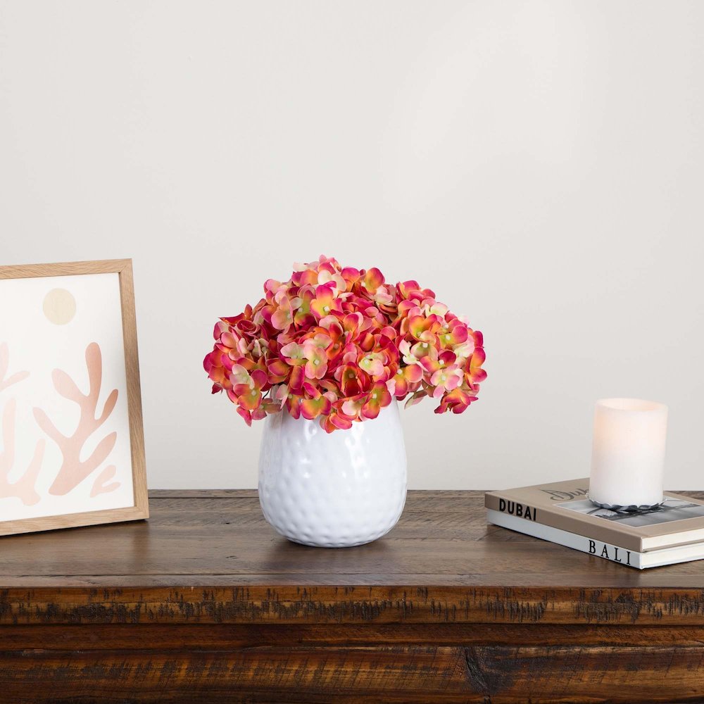 11in. Artificial Hydrangea Arrangement in White Metal Vase. Picture 4