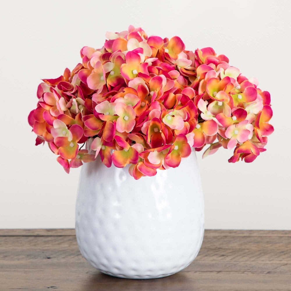 11in. Artificial Hydrangea Arrangement in White Metal Vase. Picture 6