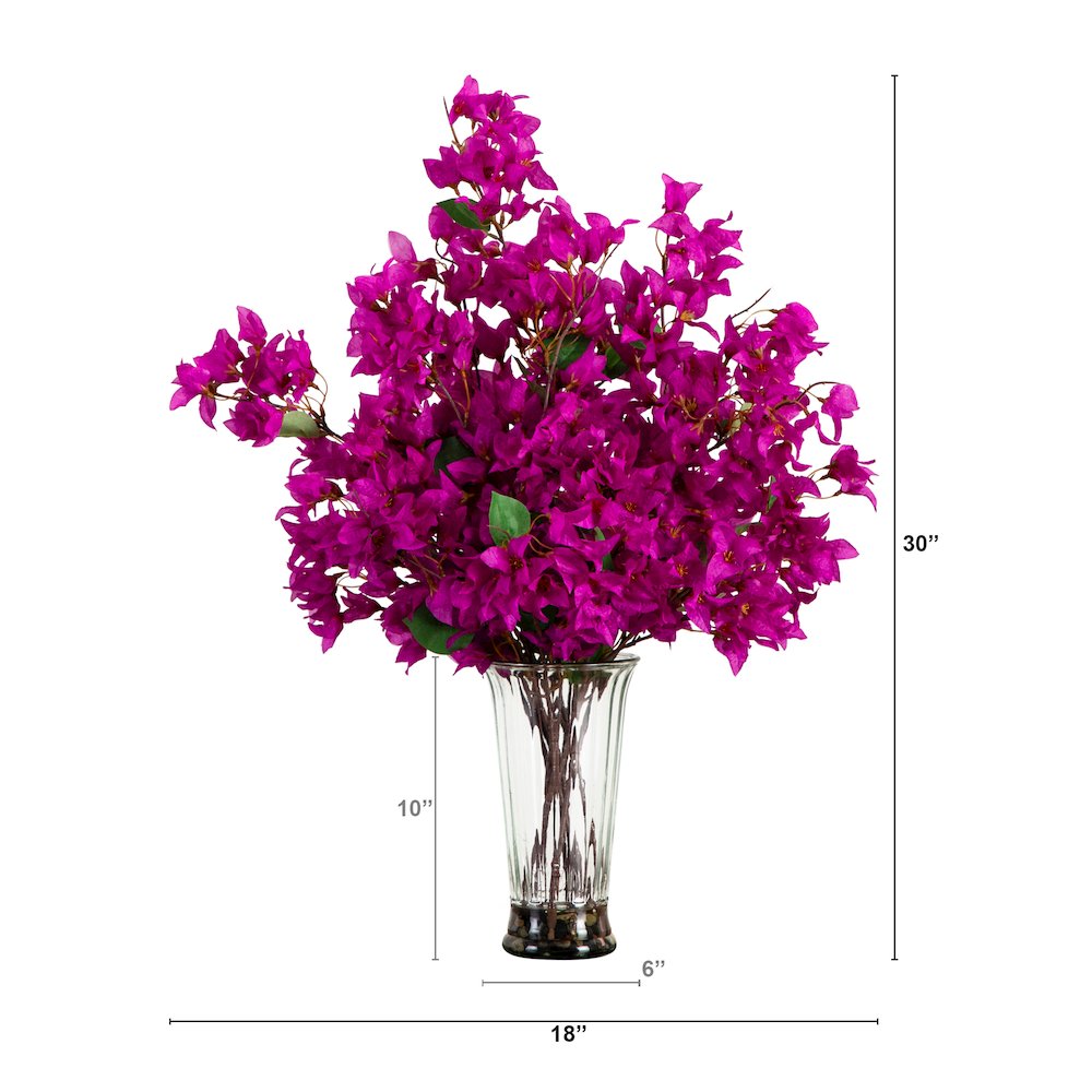 30in. Artificial Bougainvillea Arrangement in Glass Vase. Picture 1