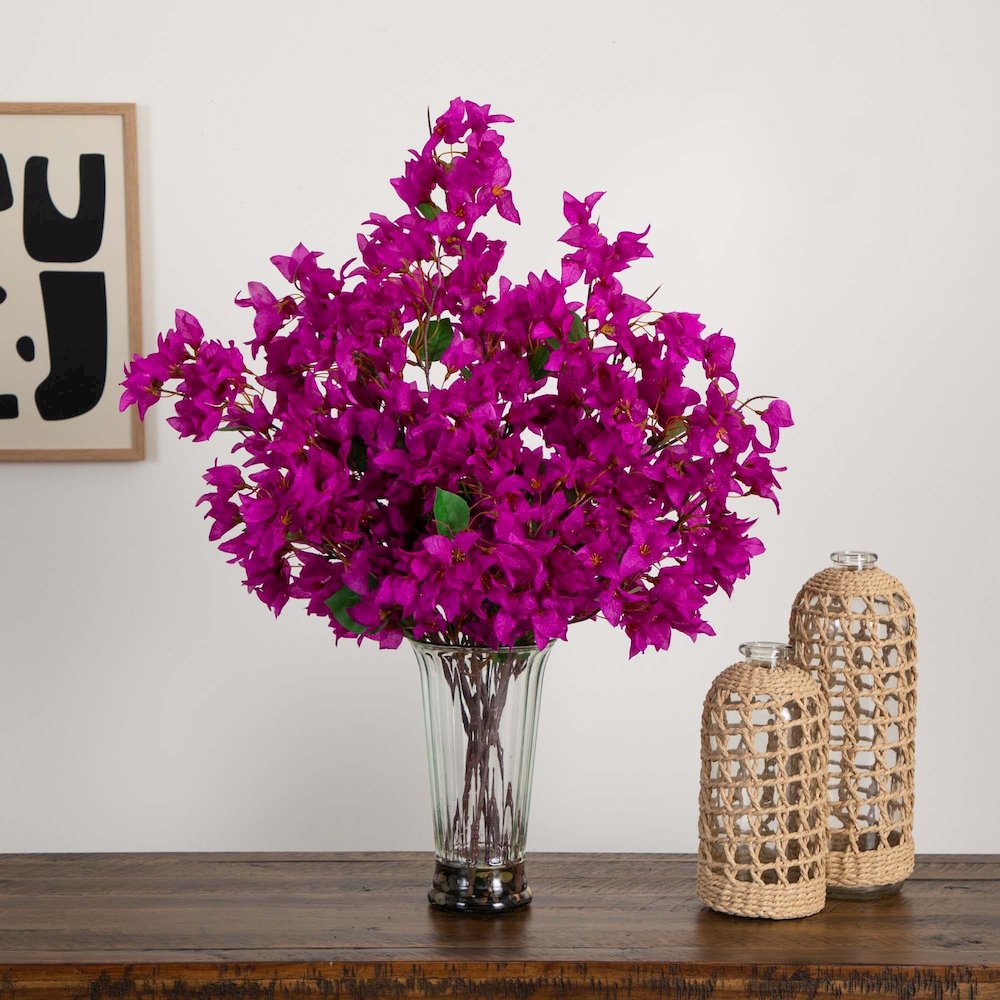 30in. Artificial Bougainvillea Arrangement in Glass Vase. Picture 4