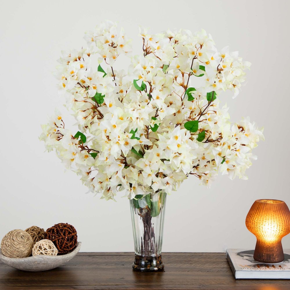30in. Artificial Bougainvillea Arrangement in Glass Vase. Picture 6