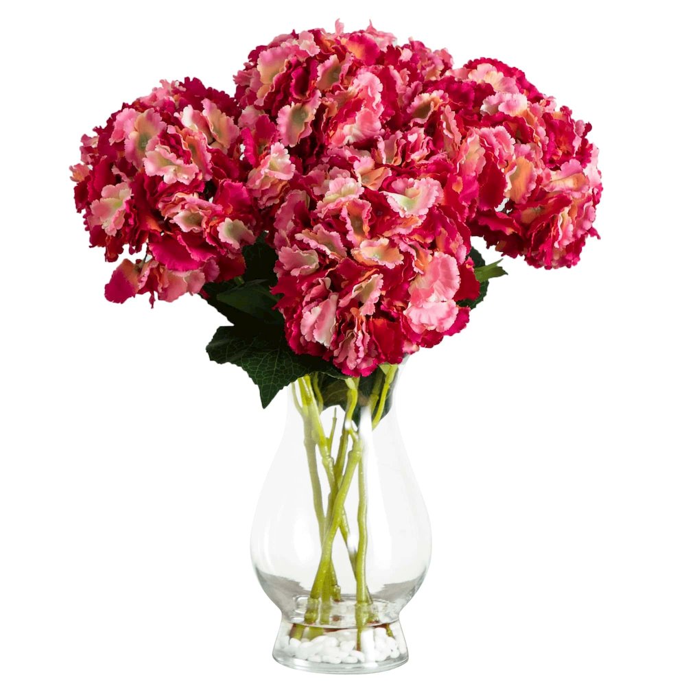 20in. Artificial Hydrangea Arrangement in Glass Vase. Picture 6