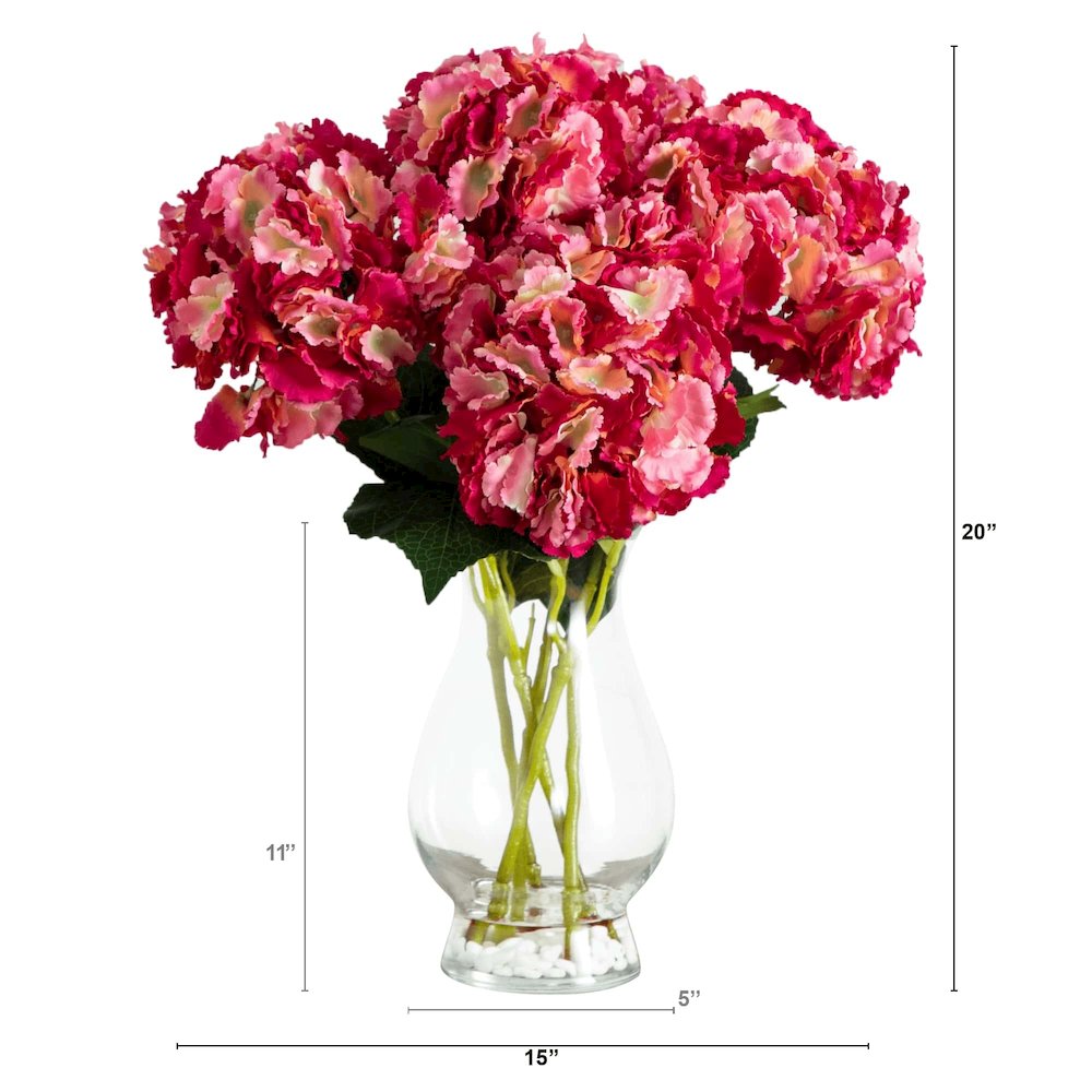 20in. Artificial Hydrangea Arrangement in Glass Vase. Picture 1