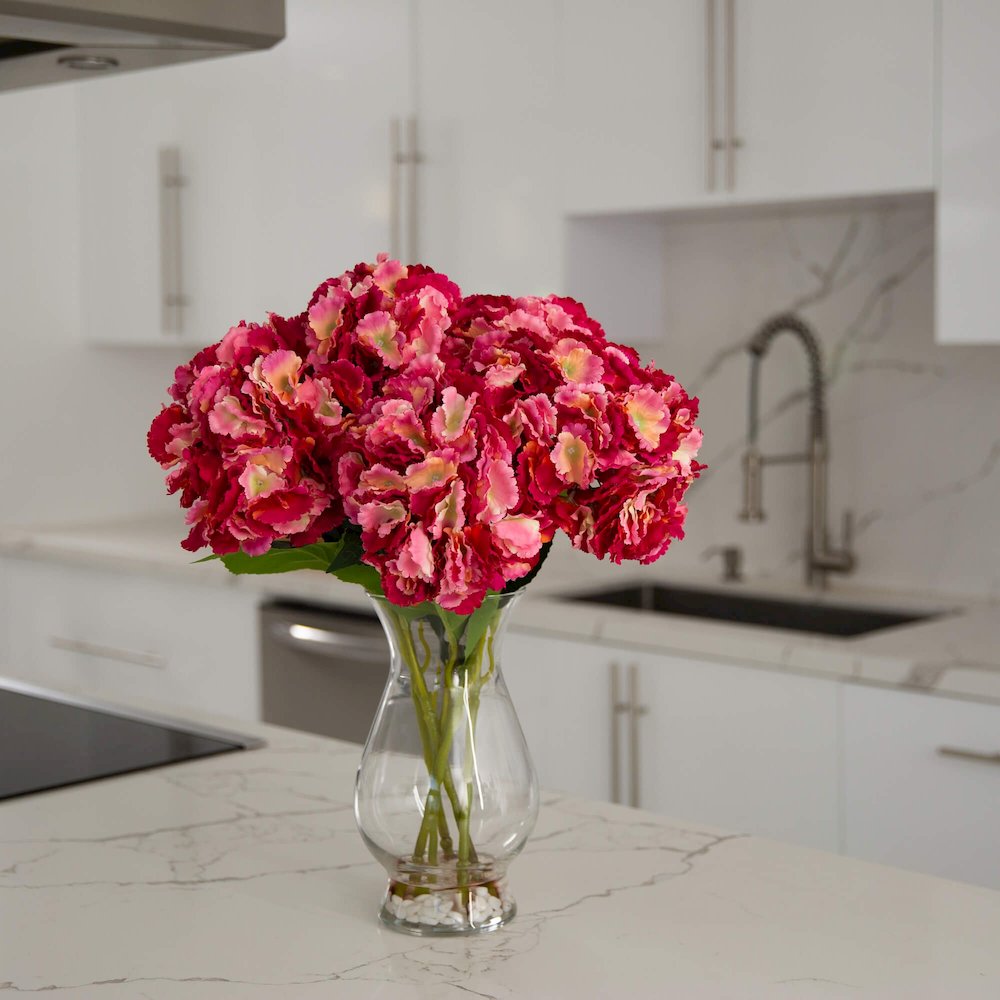 20in. Artificial Hydrangea Arrangement in Glass Vase. Picture 5