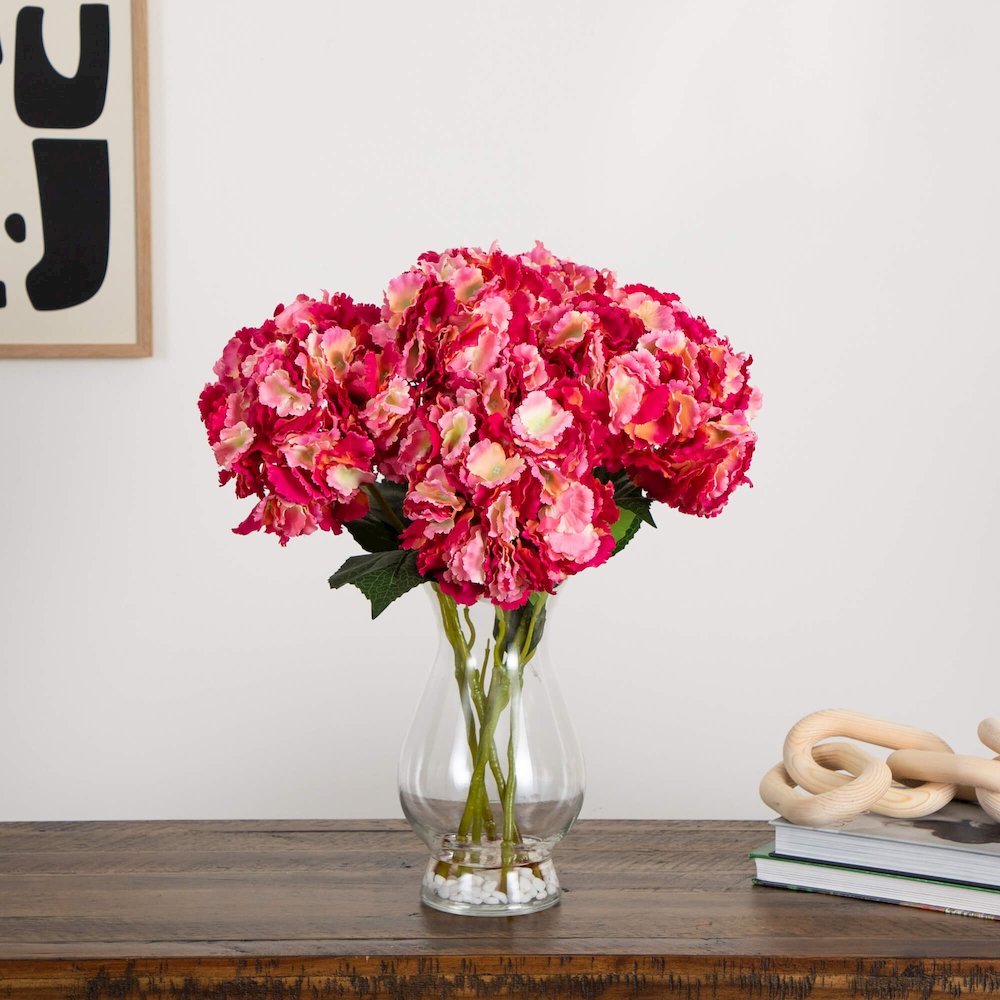 20in. Artificial Hydrangea Arrangement in Glass Vase. Picture 3