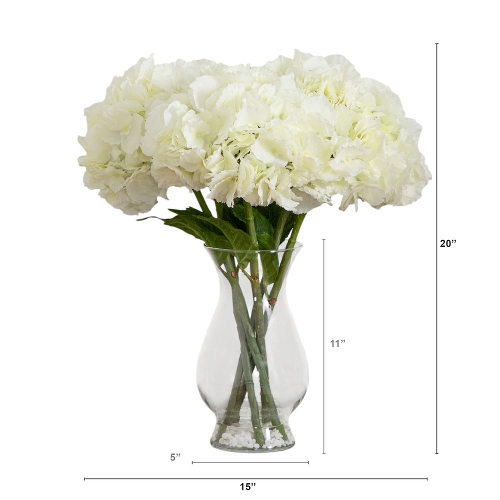 20in. Artificial Hydrangea Arrangement in Glass Vase. Picture 1