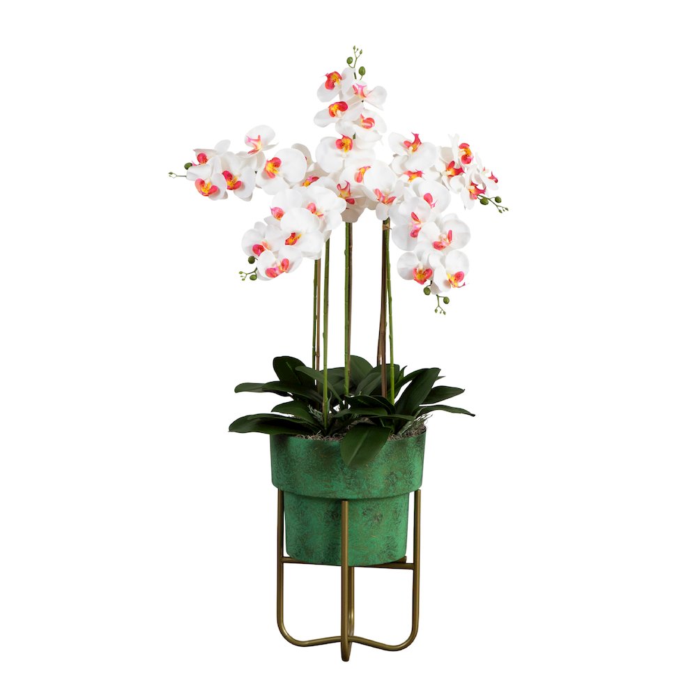 43in. Artificial Orchid Arrangement in Patina Metal Planter with Stand. Picture 1