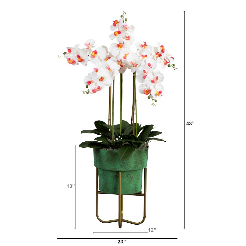 43in. Artificial Orchid Arrangement in Patina Metal Planter with Stand. Picture 3