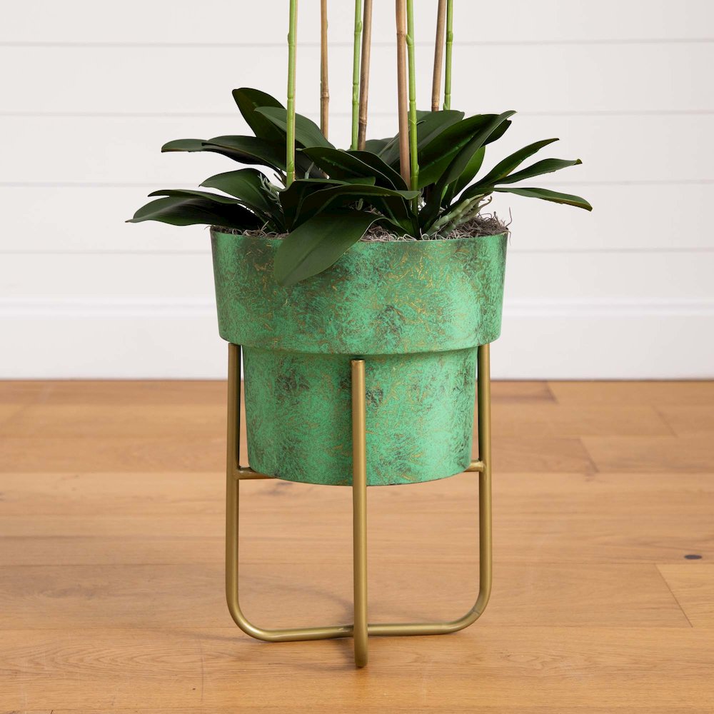 43in. Artificial Orchid Arrangement in Patina Metal Planter with Stand. Picture 2