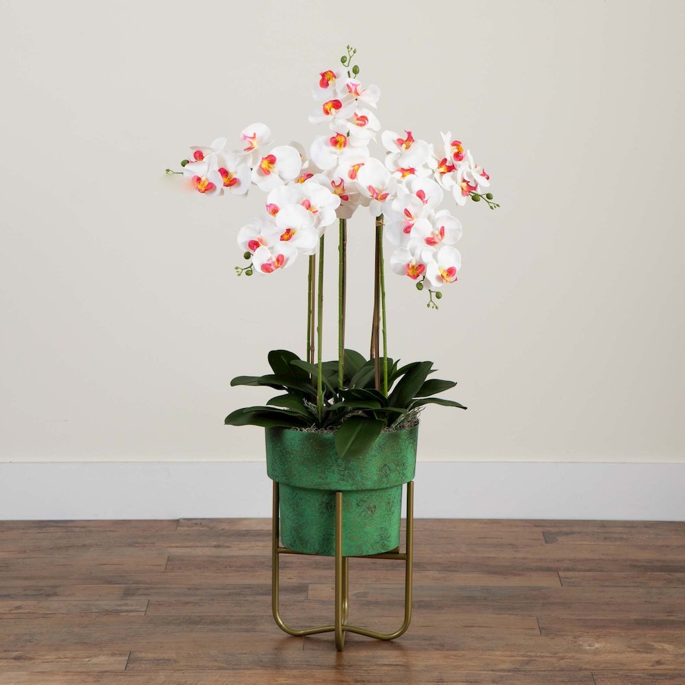 43in. Artificial Orchid Arrangement in Patina Metal Planter with Stand. Picture 7