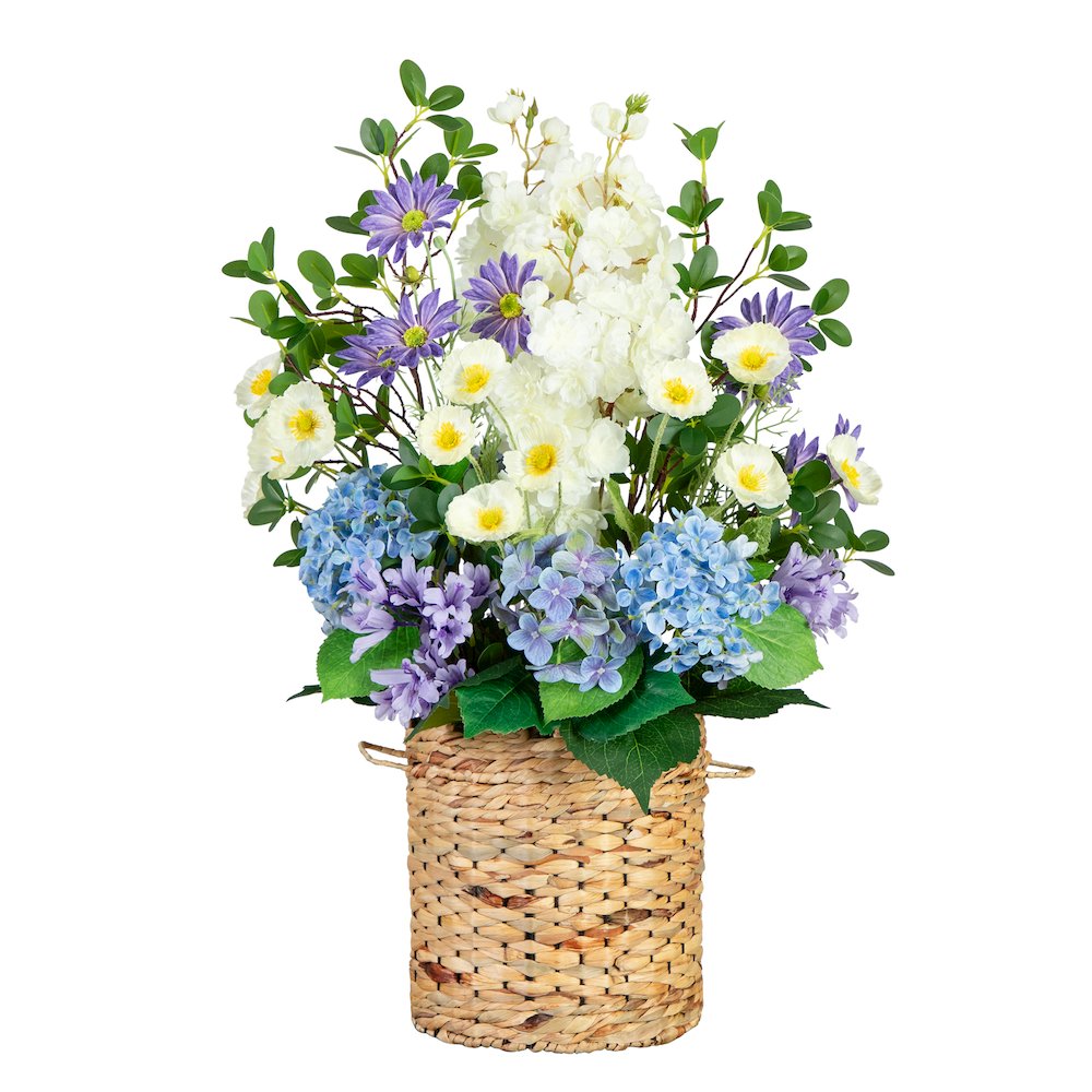 31in. Artificial Mixed Flower and Hydrangea Arrangement in Hyacinth Weave Basket. Picture 1