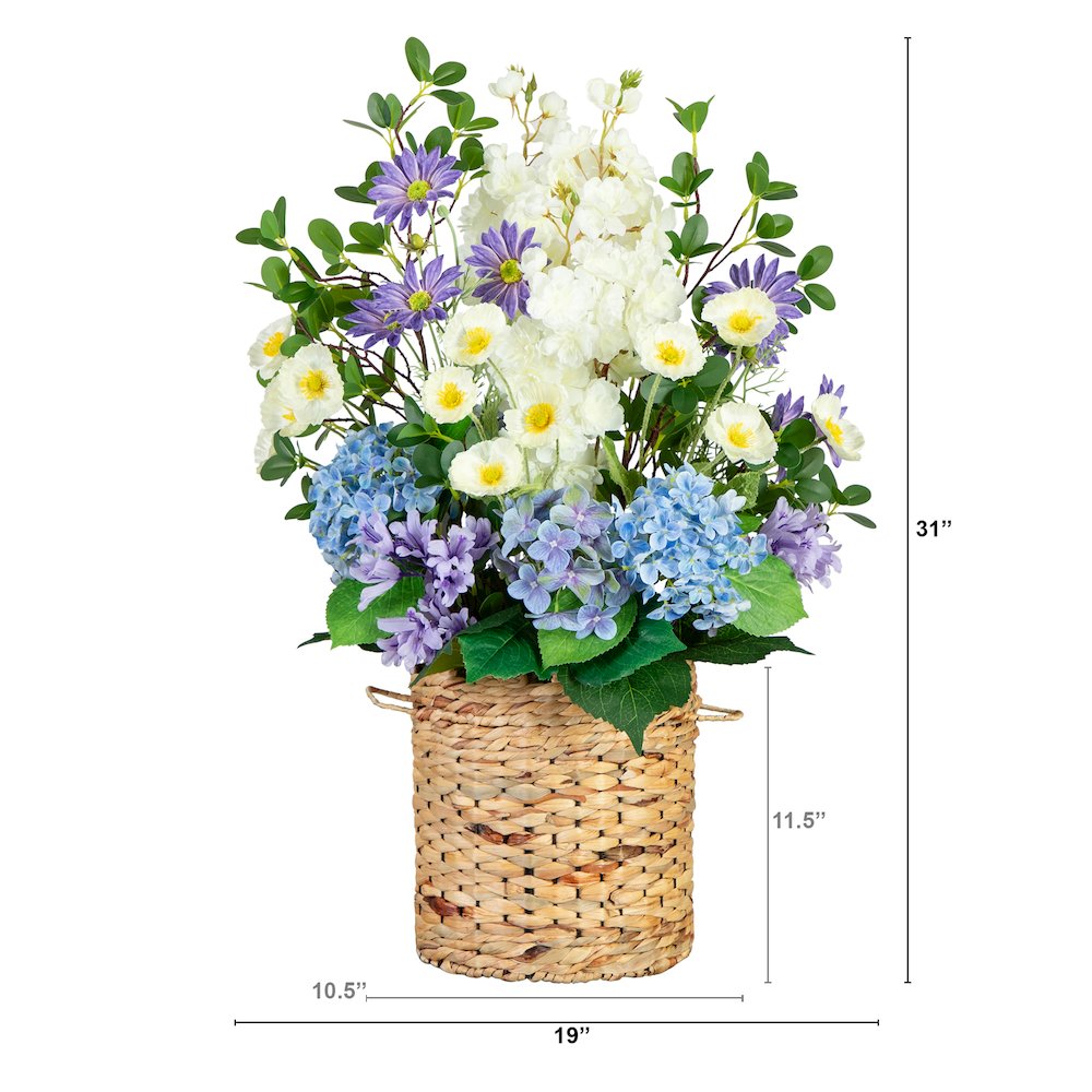 31in. Artificial Mixed Flower and Hydrangea Arrangement in Hyacinth Weave Basket. Picture 2