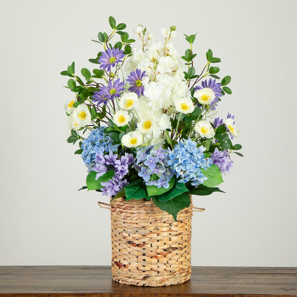 31in. Artificial Mixed Flower and Hydrangea Arrangement in Hyacinth Weave Basket. Picture 7