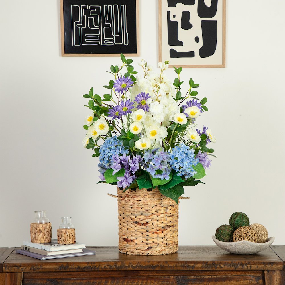 31in. Artificial Mixed Flower and Hydrangea Arrangement in Hyacinth Weave Basket. Picture 5