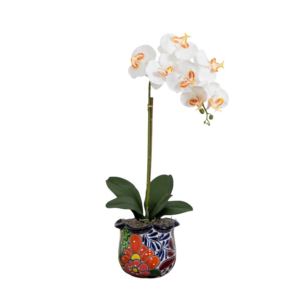 26in. Artificial Orchid Arrangement in Handmade Mexican Talavera Ceramic Planter. Picture 6