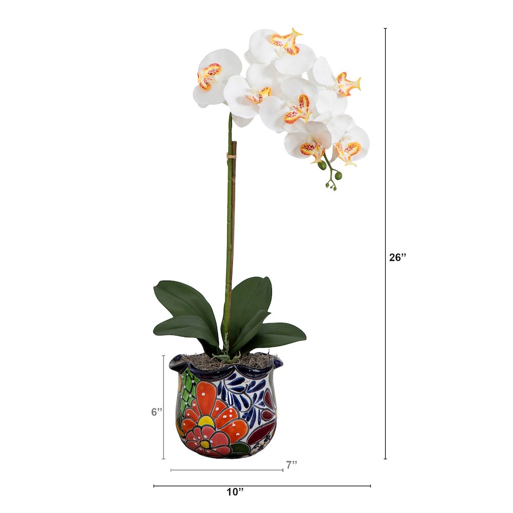 26in. Artificial Orchid Arrangement in Handmade Mexican Talavera Ceramic Planter. Picture 1