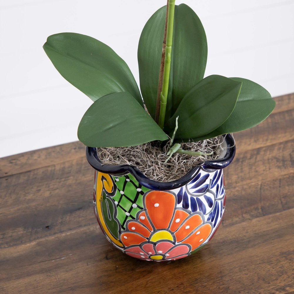 26in. Artificial Orchid Arrangement in Handmade Mexican Talavera Ceramic Planter. Picture 3