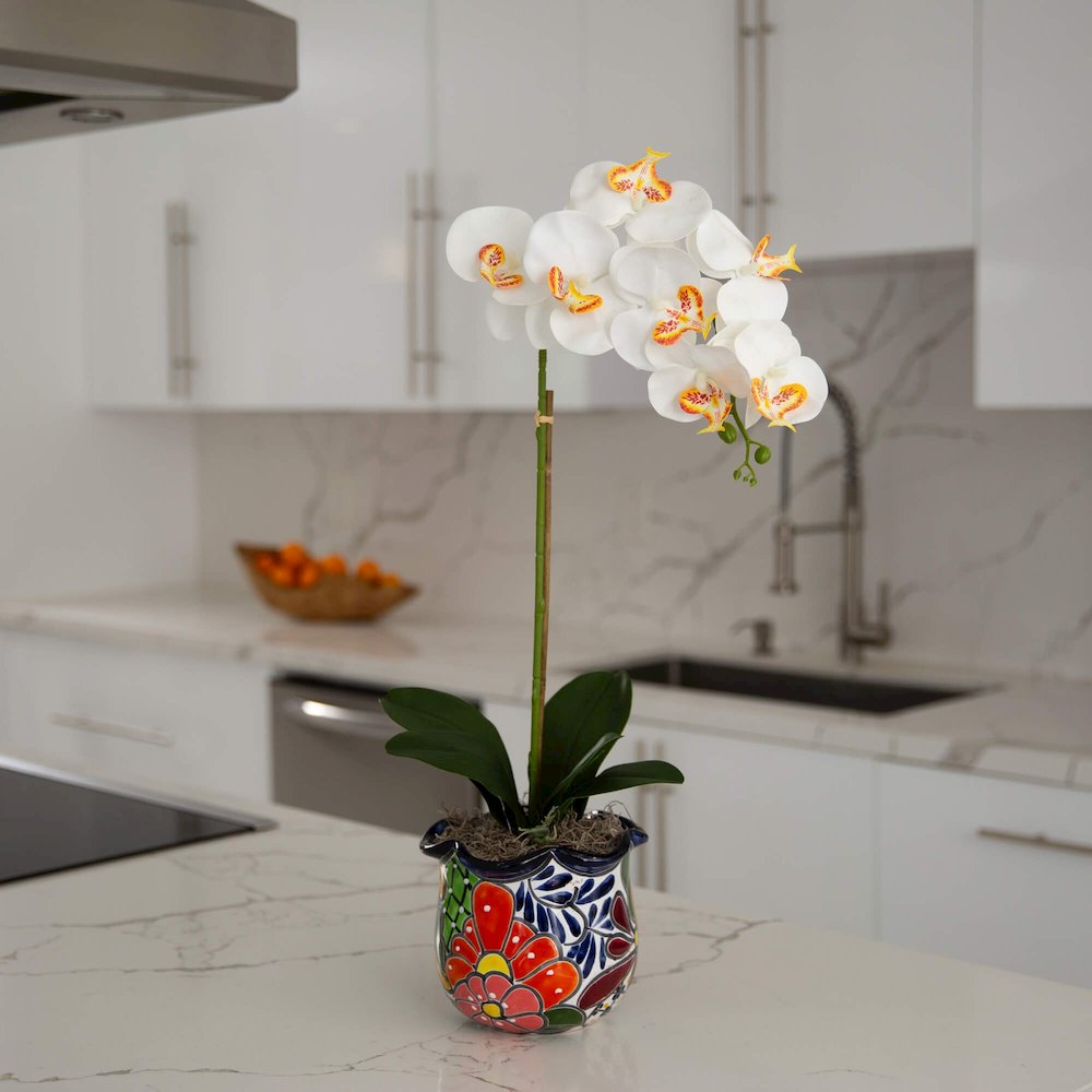 26in. Artificial Orchid Arrangement in Handmade Mexican Talavera Ceramic Planter. Picture 5
