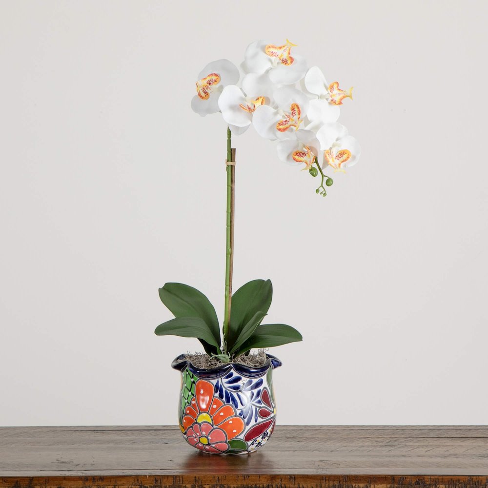 26in. Artificial Orchid Arrangement in Handmade Mexican Talavera Ceramic Planter. Picture 4