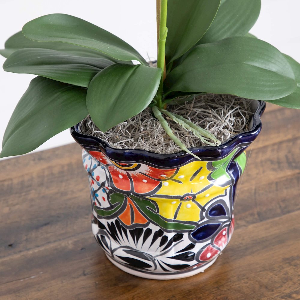 26in. Artificial Double Orchid Mexican Talavera Ceramic Planter. Picture 4