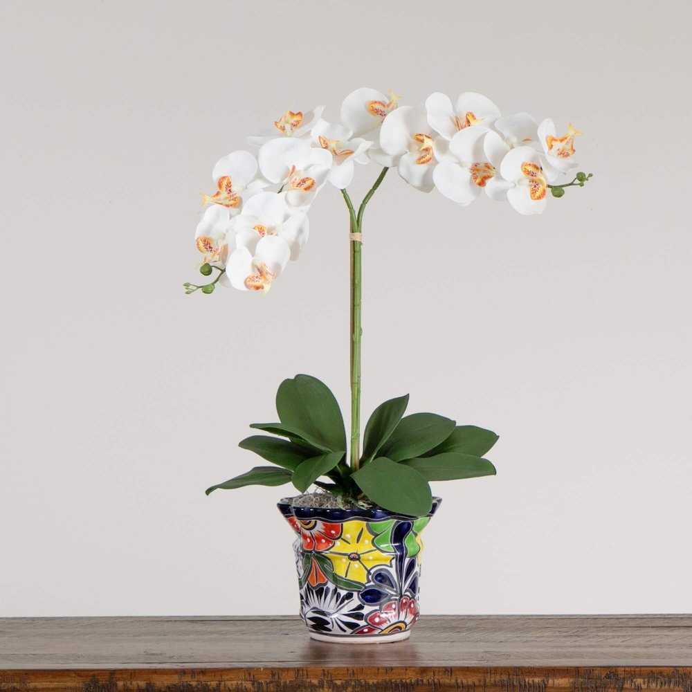 26in. Artificial Double Orchid Mexican Talavera Ceramic Planter. Picture 6