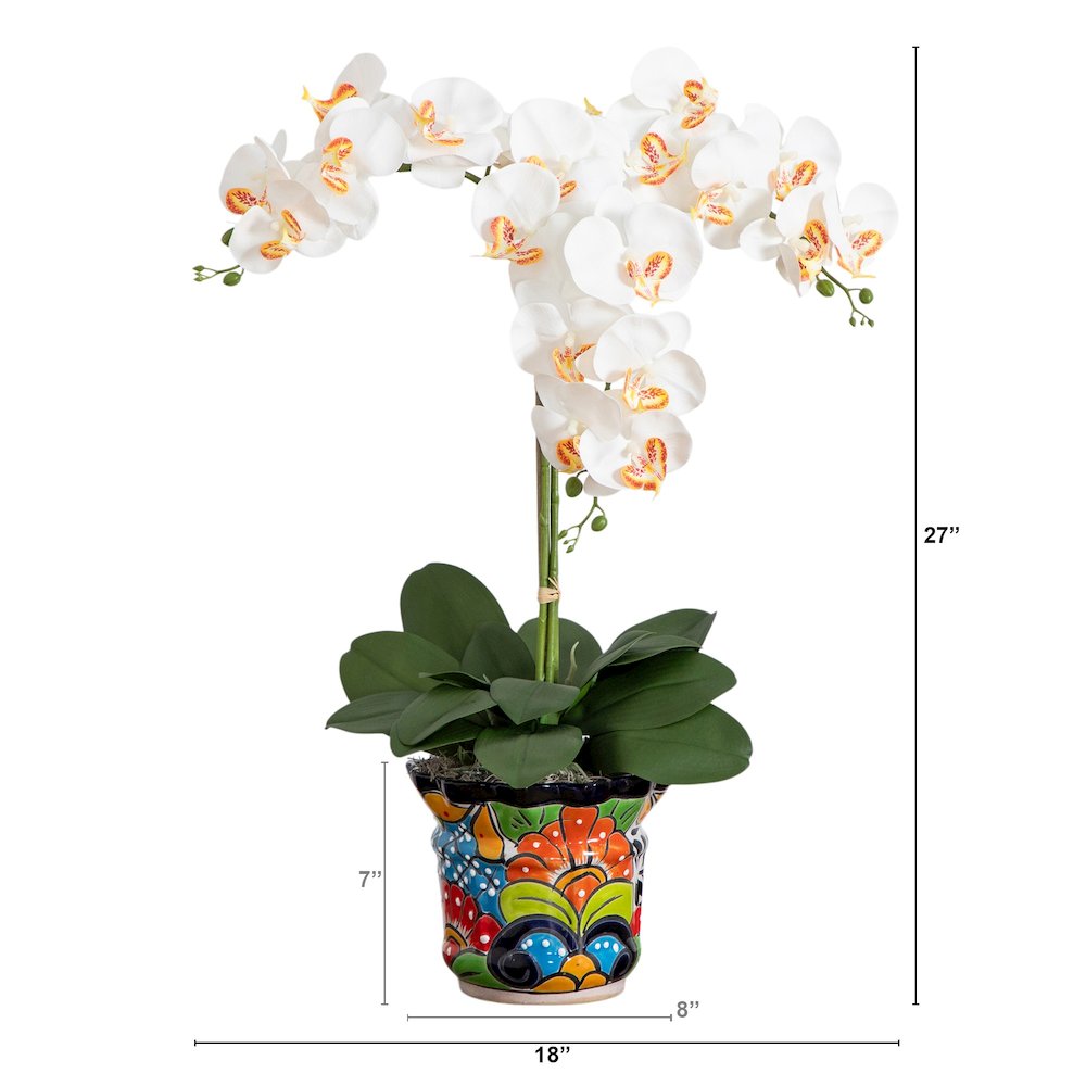 27in. Artificial Triple Orchid Mexican Talavera Ceramic Planter. Picture 1