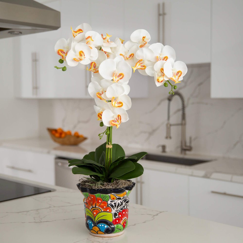 27in. Artificial Triple Orchid Mexican Talavera Ceramic Planter. Picture 6
