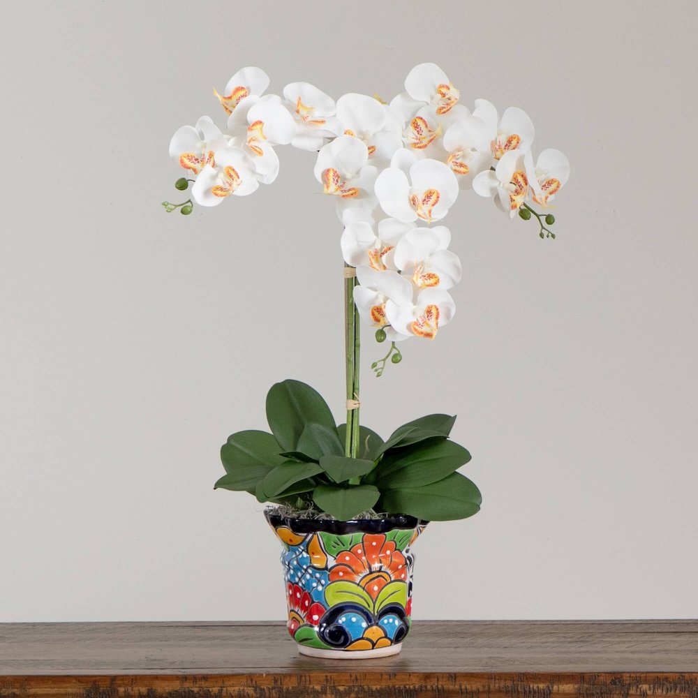 27in. Artificial Triple Orchid Mexican Talavera Ceramic Planter. Picture 5