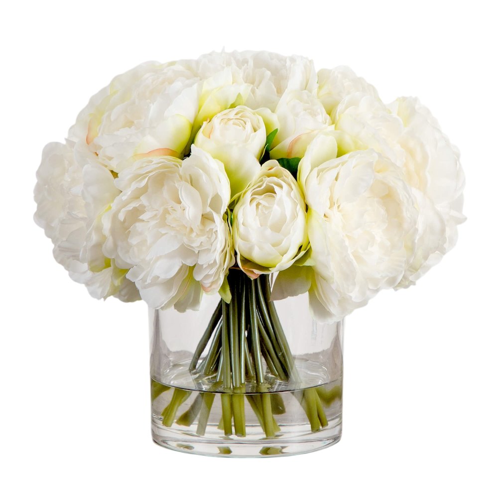 Wedding Collection 11in. Artificial Peony Arrangement in Glass Vase. Picture 1