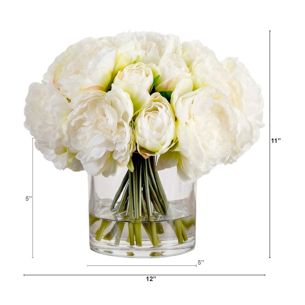 Wedding Collection 11in. Artificial Peony Arrangement in Glass Vase. Picture 3