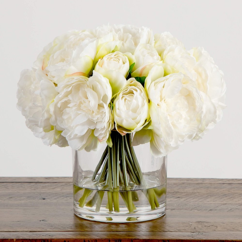 Wedding Collection 11in. Artificial Peony Arrangement in Glass Vase. Picture 5
