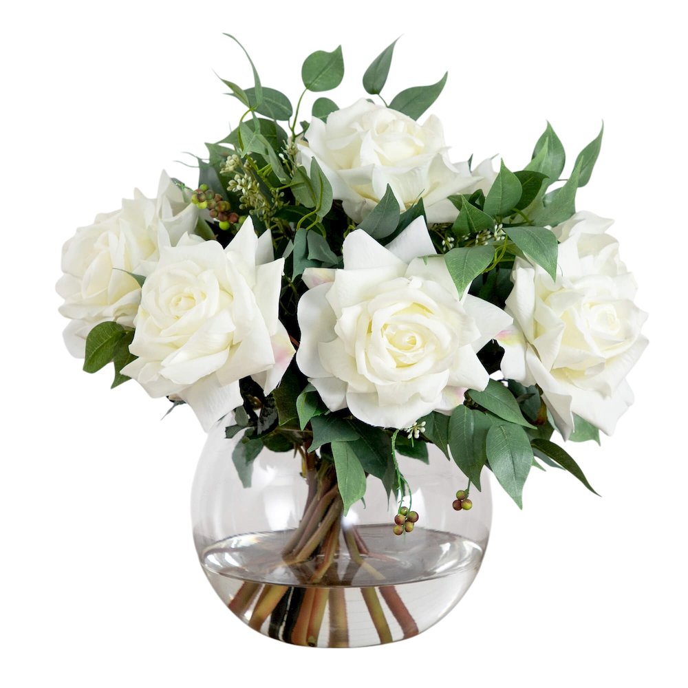 16in. Artificial Roses and Mixed Greens Arrangement in Glass Vase. Picture 5